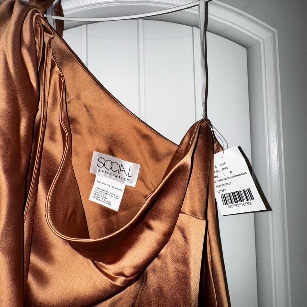 Social Bridesmaids toffee One Shoulder Maxi dress  Satin Gown size Large NWT